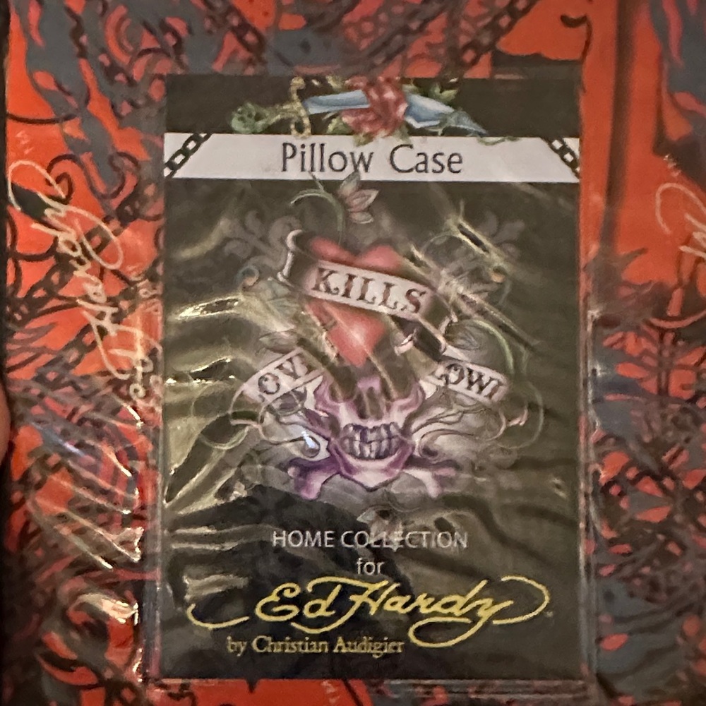 Ed Hardy Red and Black Pillow Case with Skull and Heart